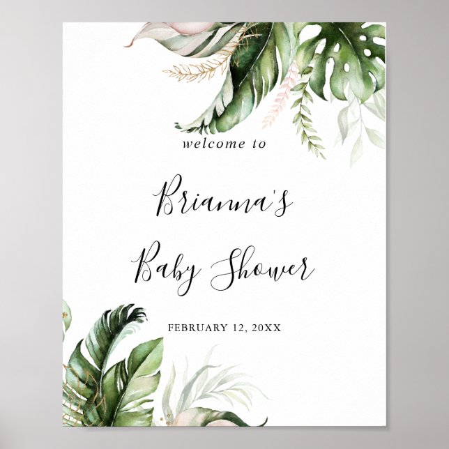 Poster Baby shower de verdure tropicale or Bienvenue (Devant)