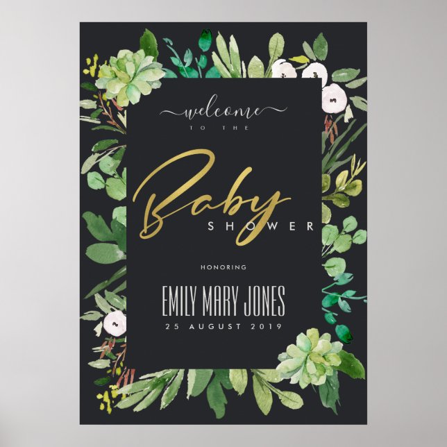 POSTER BABY SHOWER D'EAU DE COULEUR FOLIAGE SUCCULTE BIEN (Devant)