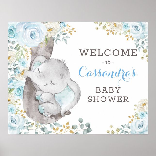 Poster Baby shower d'éléphant bleu doux à fleurs Bienvenu (Devant)
