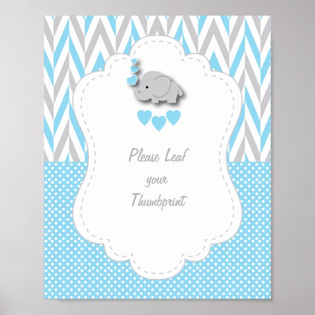 Poster Baby shower d'éléphant bleu, gris blanc 4 (Devant)
