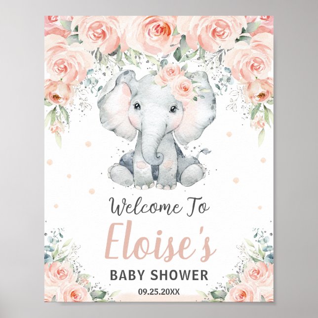 Poster Baby shower d'éléphant floral doux Bienvenue (Devant)