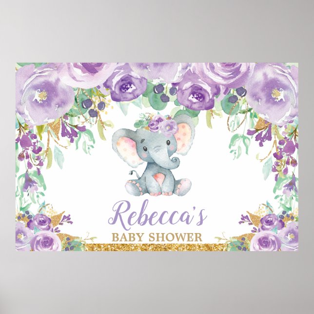 Poster Baby shower d'éléphant floral pourpre (Devant)