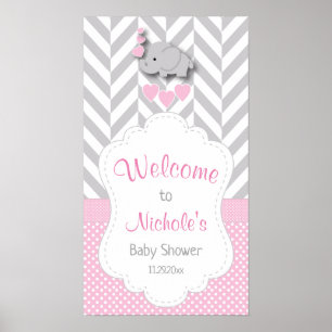 Poster Baby shower d'éléphant rose, blanc et gris