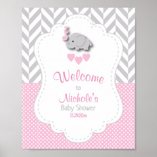 Poster Baby shower d'éléphant rose et gris blanc