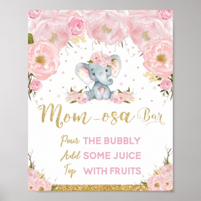 Poster Baby shower d'éléphant rose Floral (Devant)
