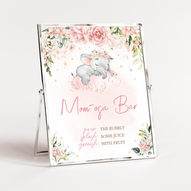Poster Baby shower d'éléphant rose Floral Maman Osa Bar (Pink Floral Sleeping Elephant Baby Shower Mom Osa Bar Sign)