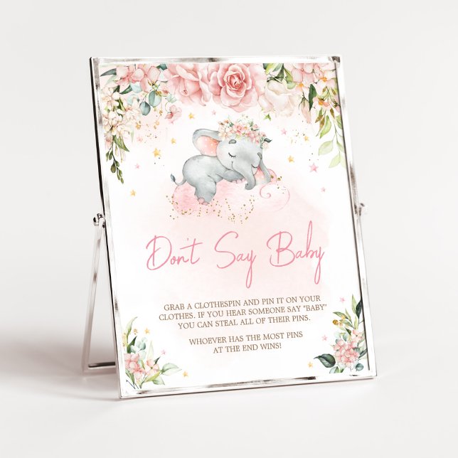 Poster Baby shower d'éléphant rose floral ne pas dire béb (Pink Floral Sleeping Elephant Baby Shower Don't Say Baby Sign)