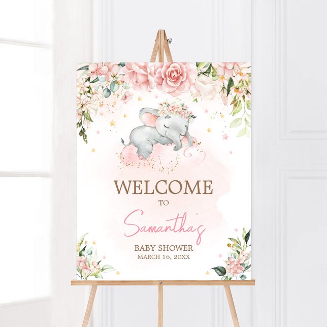 Poster Baby shower d'éléphants floraux rose Bienvenue (Pink Floral Sleeping Elephant Baby Shower Welcome Sign)