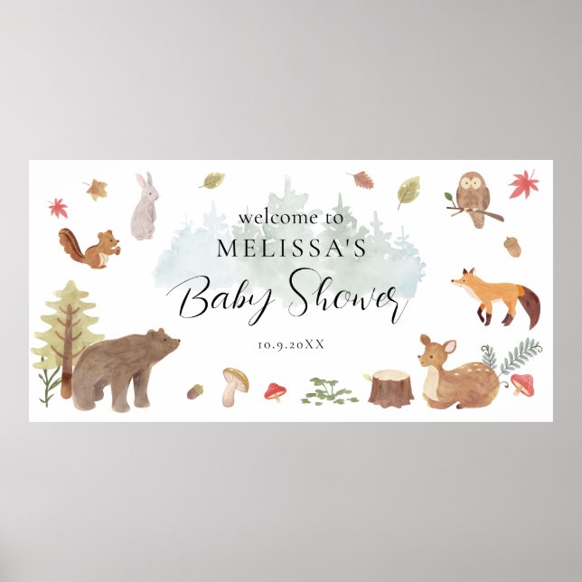 Poster Baby shower des animaux de bois Bienvenue (Devant)