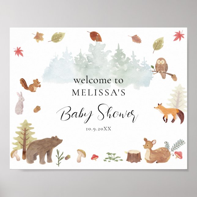 Poster Baby shower des animaux de bois Bienvenue (Devant)