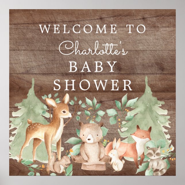 Poster Baby shower des animaux de bois Bienvenue (Devant)