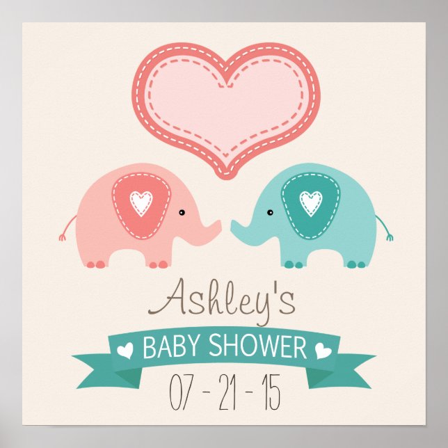 Poster Baby shower des éléphants roses et Turquoises jume (Devant)