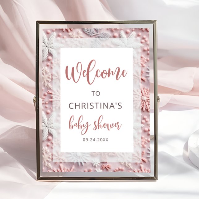 Poster Baby shower des flocons d'argent rose hiver Bienve (Créateur téléchargé)