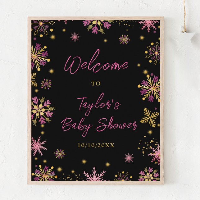Poster Baby shower des flocons d'or et de rose (Créateur téléchargé)