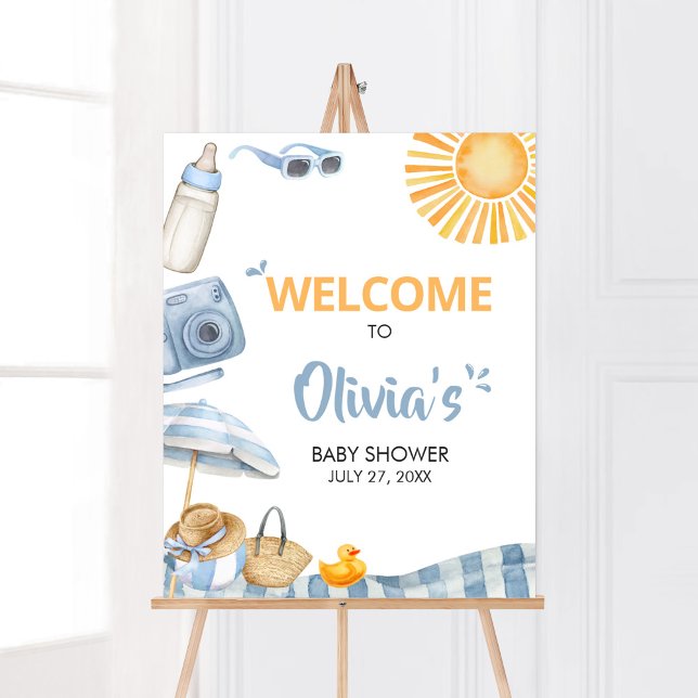 Poster Baby shower d'été Blue Beach Bienvenue (Boy Splish Splash Baby Shower Welcome Sign)