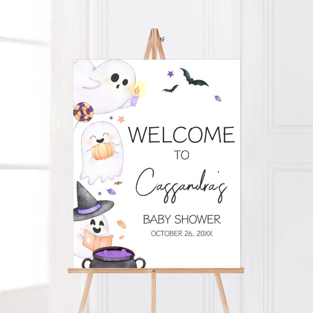 Poster Baby shower d'Halloween Little Boo Purple Bienvenu (Purple Little Boo Baby Shower Welcome Sign)