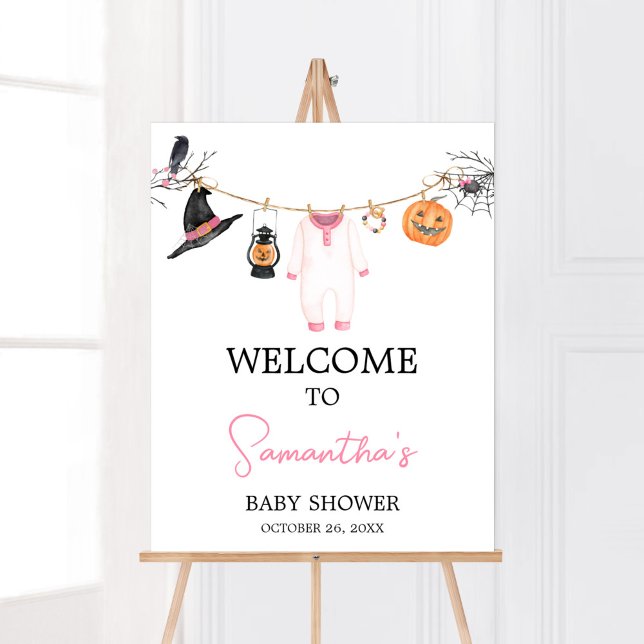 Poster Baby shower d'Halloween rose Little Boo Bienvenue (Halloween Baby Clothes Baby Shower Welcome Sign)