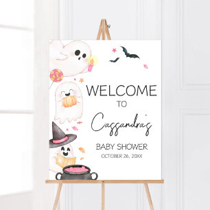 Poster Baby shower d'Halloween rose Little Boo Bienvenue
