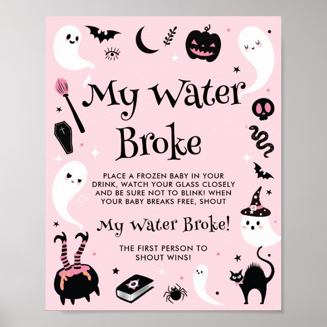 Poster Baby shower d'Halloween rose My Water Broke Jeu (Devant)