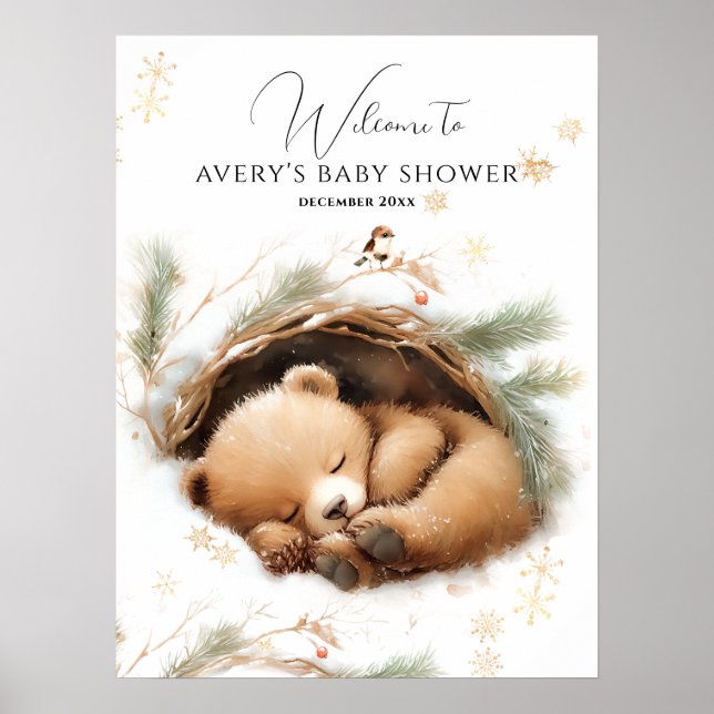 Poster Baby shower d'hiver de l'ours des bois à l'extérie (Devant)