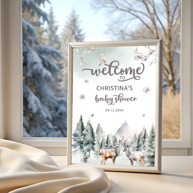 Poster Baby shower d'hiver des cerfs de forêt de bois Bie (Créateur téléchargé)