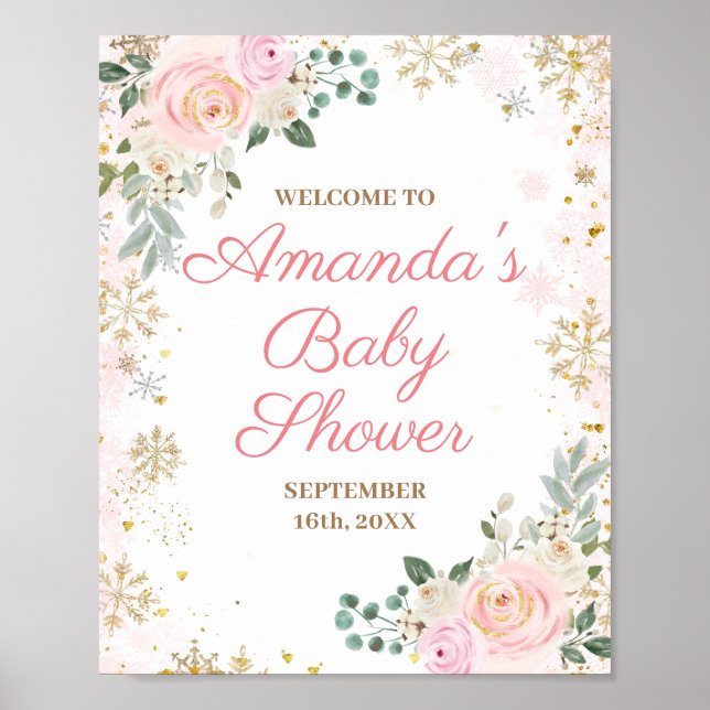 Poster Baby shower d'hiver Pink Floral Snowflakes (Devant)