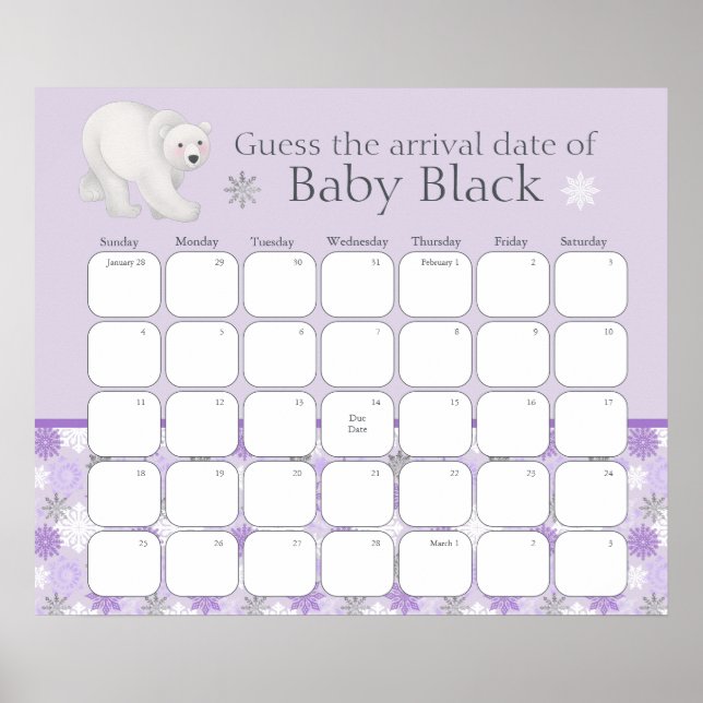 Poster Baby shower D'Hiver Violet Devinez La Date D'Échéa (Devant)