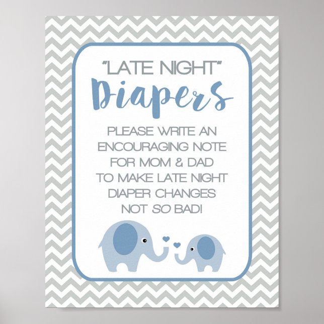 Poster Baby shower Diapeurs de nuit Signal Blue Elephants (Devant)