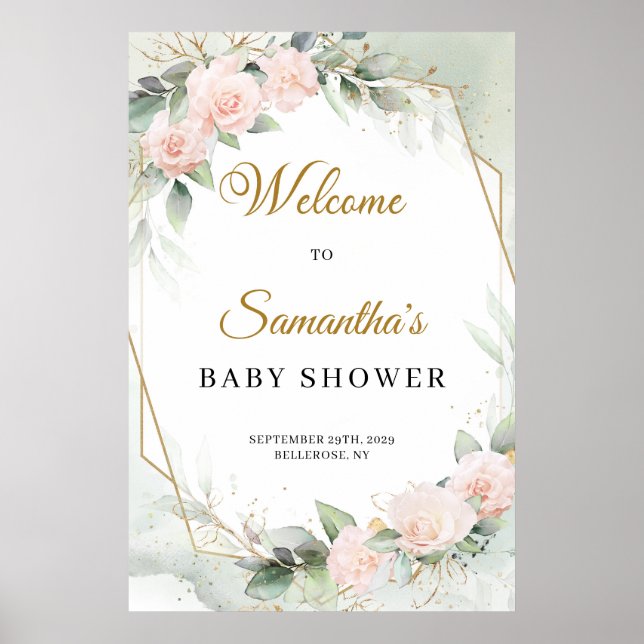 Poster Baby shower d'or à l'eucalyptus rose (Devant)