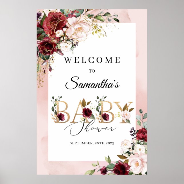 Poster Baby shower d'or floral roux et bordeaux (Devant)