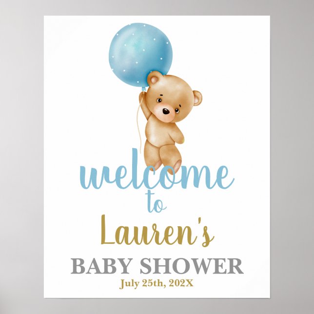 Poster Baby shower d'ours bleu Teddy Boy Panneau de bienv (Devant)