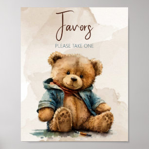 Poster Baby shower d'ours en peluche à l'aquarelle brun d