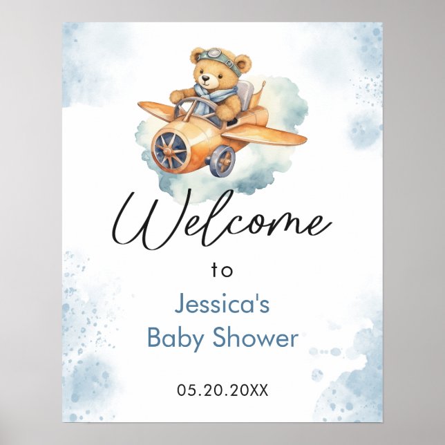 Poster Baby shower d'ours en peluche aquarelle Bienvenue (Devant)