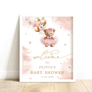 Poster Baby shower d'ours en peluche rose