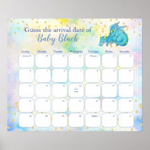 Poster Baby shower Dragon Bleu Date d'échéance Calendrier