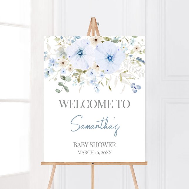 Poster Baby shower Dusty Blue Baby Bloom Bienvenue (Boy Spring Flowers Baby Shower Welcome Sign)