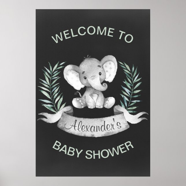 Poster Baby shower Eléphant Chalkboard Watercolor (Devant)