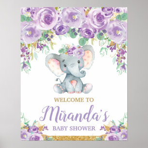 Poster Baby shower Eléphant Floral Violet Bienvenue