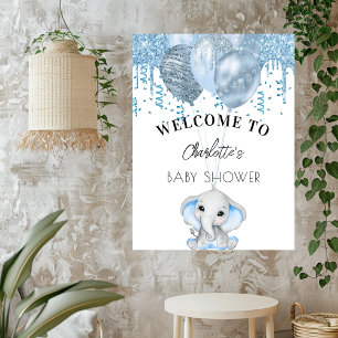 Poster Baby shower éléphant garçon bleu blanc ballons
