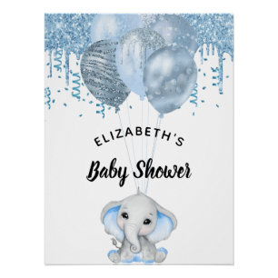 Poster Baby shower éléphant garçon bleu clair ballons bla