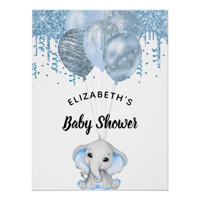 Poster Baby shower éléphant garçon bleu clair ballons bla (Devant)