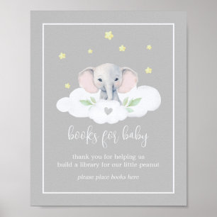 Poster Baby shower éléphant gris Livres pour bébé