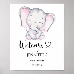 Poster Baby shower Eléphant rose bienvenue