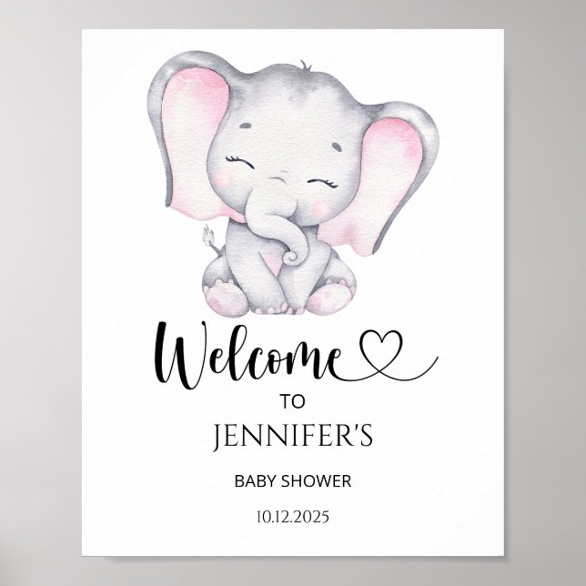 Poster Baby shower Eléphant rose bienvenue (Devant)