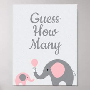 Poster Baby shower Eléphant Rose Devinez Combien De Jeu S