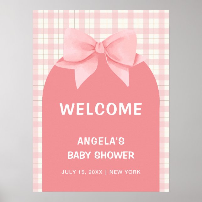 Poster Baby shower en arc rose En vichy plaid (Devant)