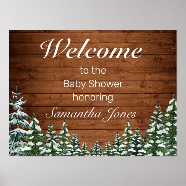 Poster Baby shower en bois neigeux et pin forestier Affic (Devant)