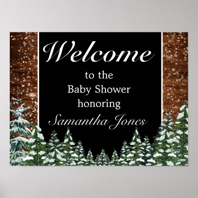 Poster Baby shower en bois neigeux et pin forestier Affic (Devant)