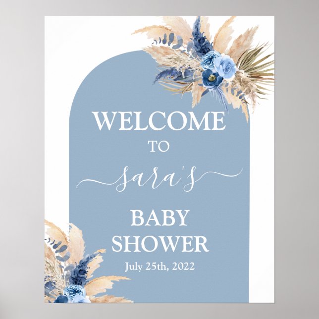 Poster Baby shower en laiton bleu Pampas Symbole de bienv (Devant)