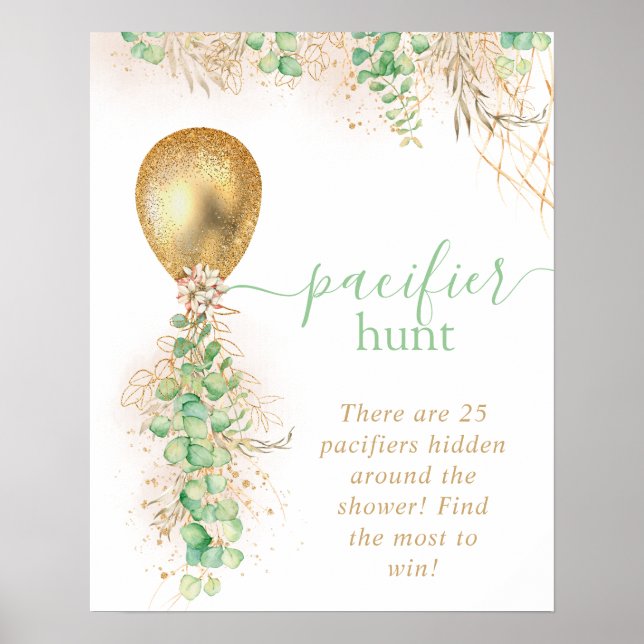 Poster Baby shower Eucalyptus Gold Balloon Pacifier chass (Devant)